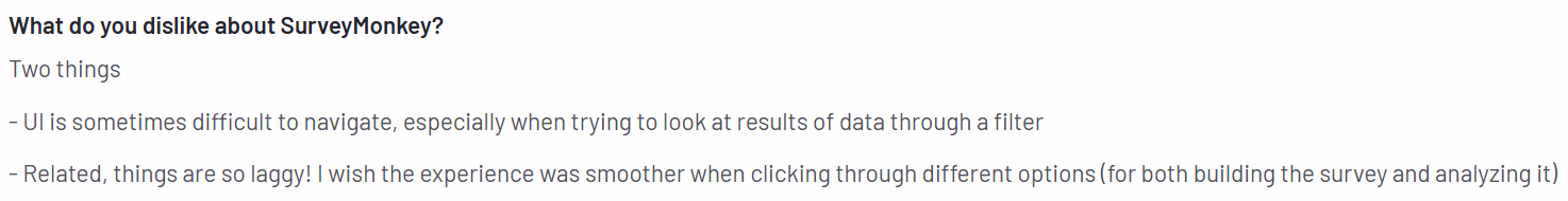 The image shows a customer review on the G2 platform regarding SurveyMonkey’s complex UI.