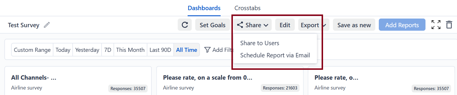 The image shows a survey dashboard with the option to schedule and automate reports via email, allowing users to set delivery frequency and recipients.