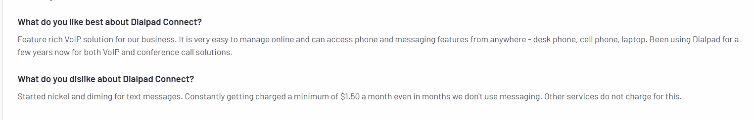 The image shows a con of Dialpad shared by a user on G2.