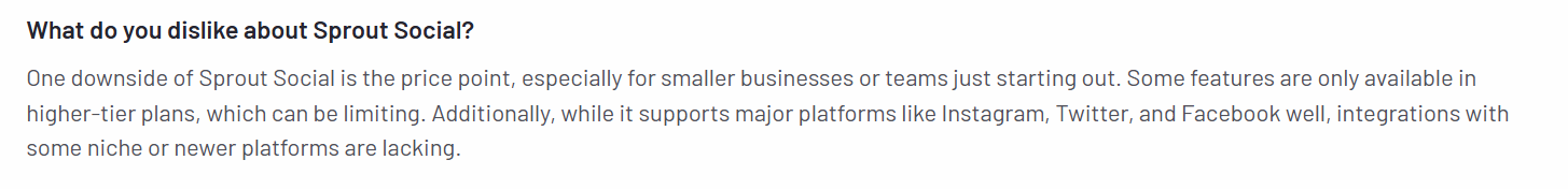 The image shows a con of Sprout shared by a user on G2.