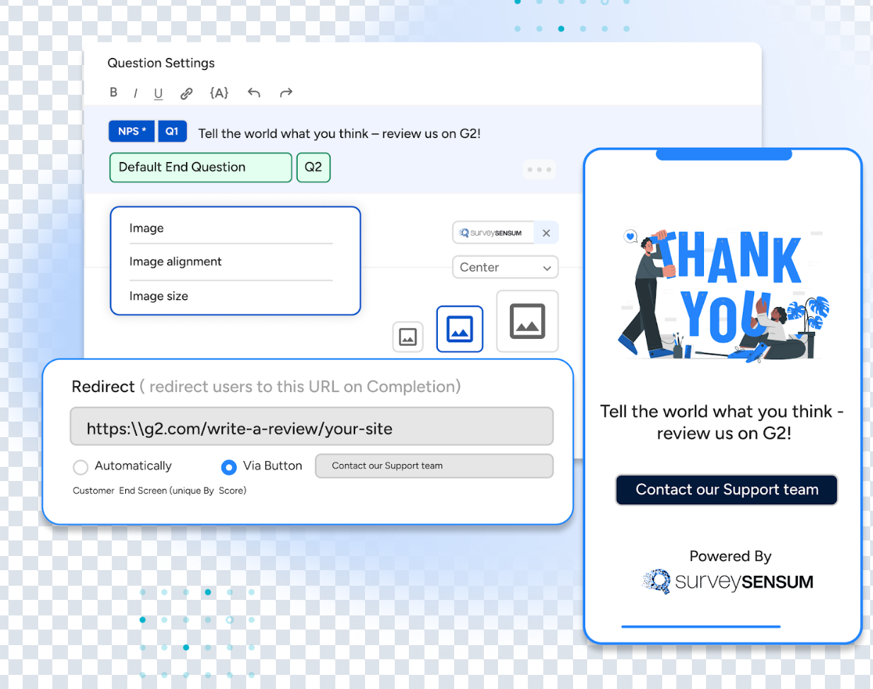 An image showing SurveySensum’s survey redirection feature of collecting reviews on G2, Google, etc.