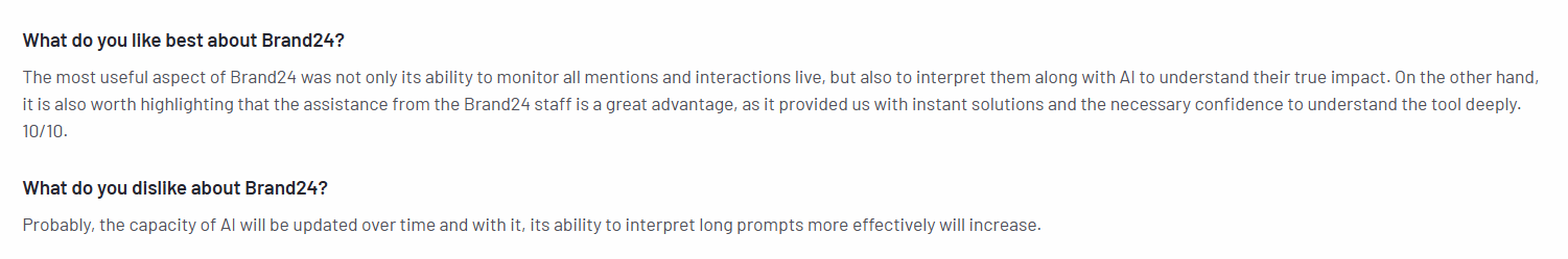 The image shows a con of Brand24 shared by a user on G2.