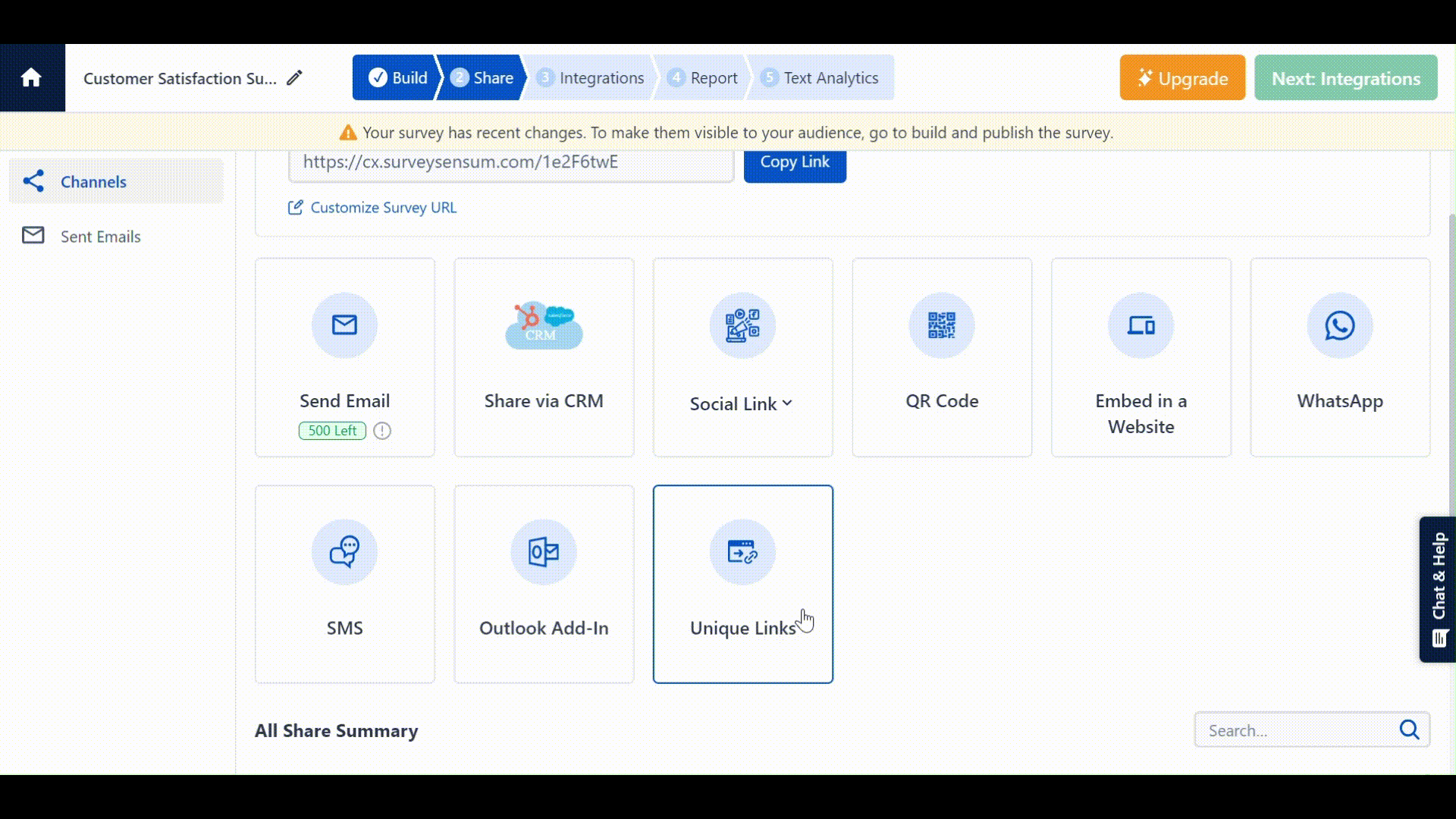  This GIF shows how SurveySensum provides the option to create unique survey links to send the same survey to different customers.