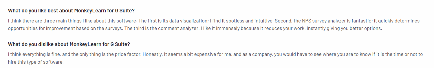 The image shows a con of MonkeyLearn shared by a user on G2.