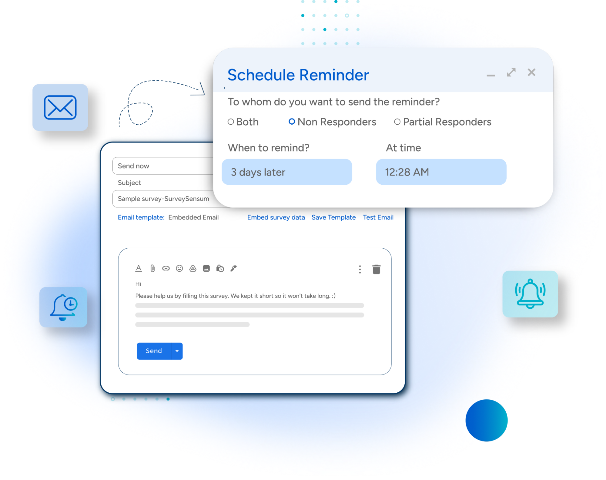 This is the image of the Send Reminders feature of SurveySensum, where users can send reminders to respondents after a certain period of time.