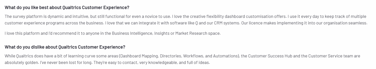 The image shows a con of Qualtrics shared by a user on G2.