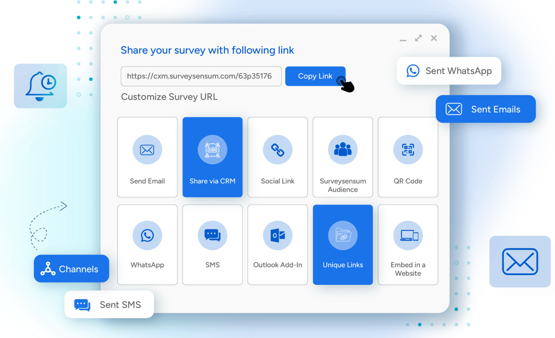 The image shows different survey distribution channels of SurveySensum.