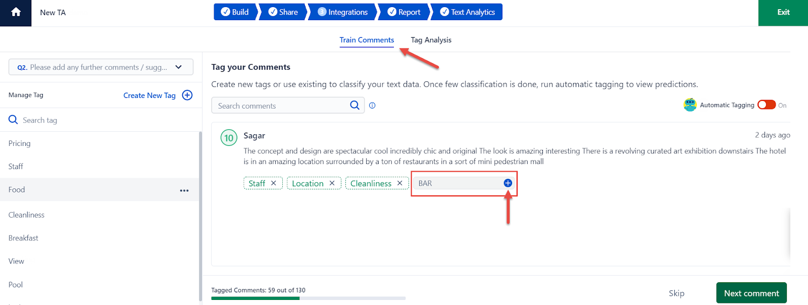 The image shows how to create and apply tags to textual data in SurveySensum