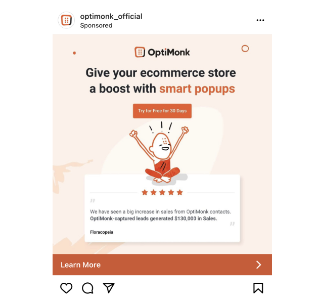 An image showing how OptiMonk leveraged Instagram customer reviews in an ad with a 5-star rating and a genuine customer quote.