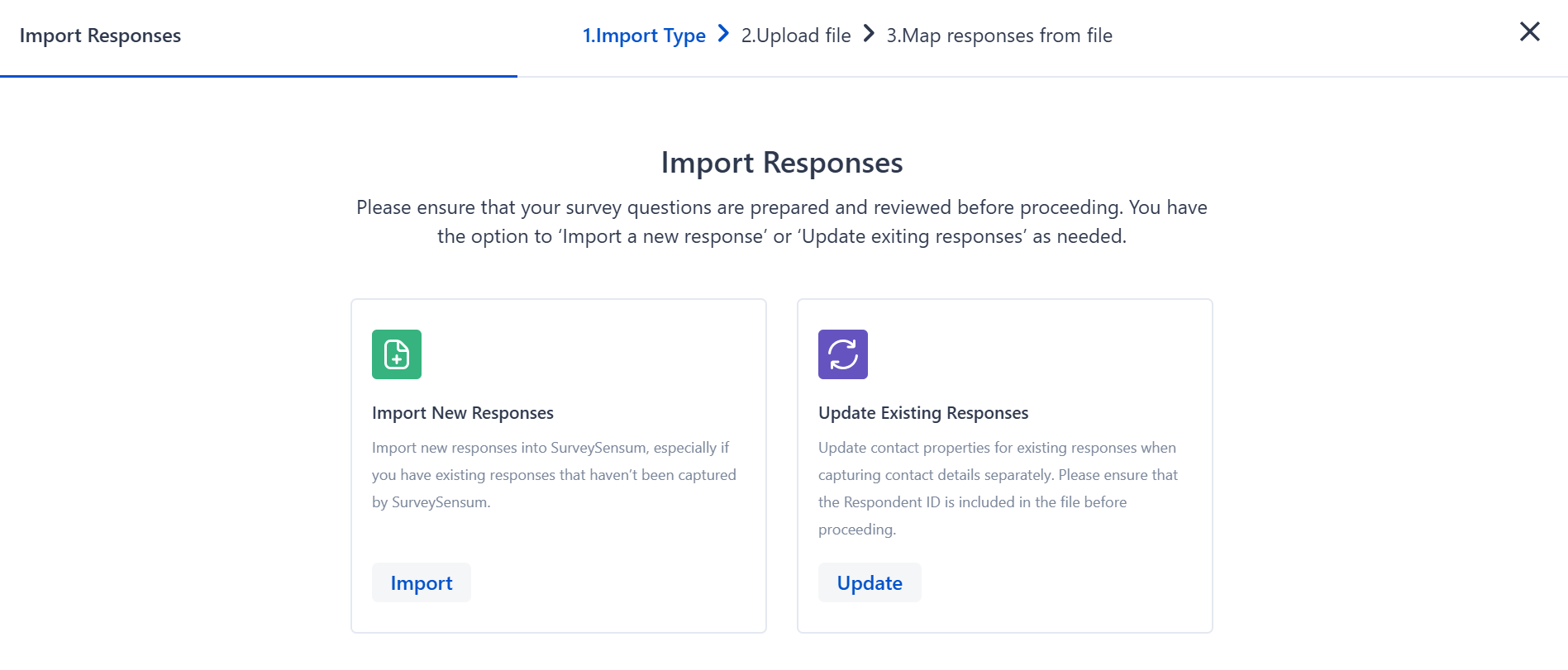 The image shows how to import historical data in SurveySensum.