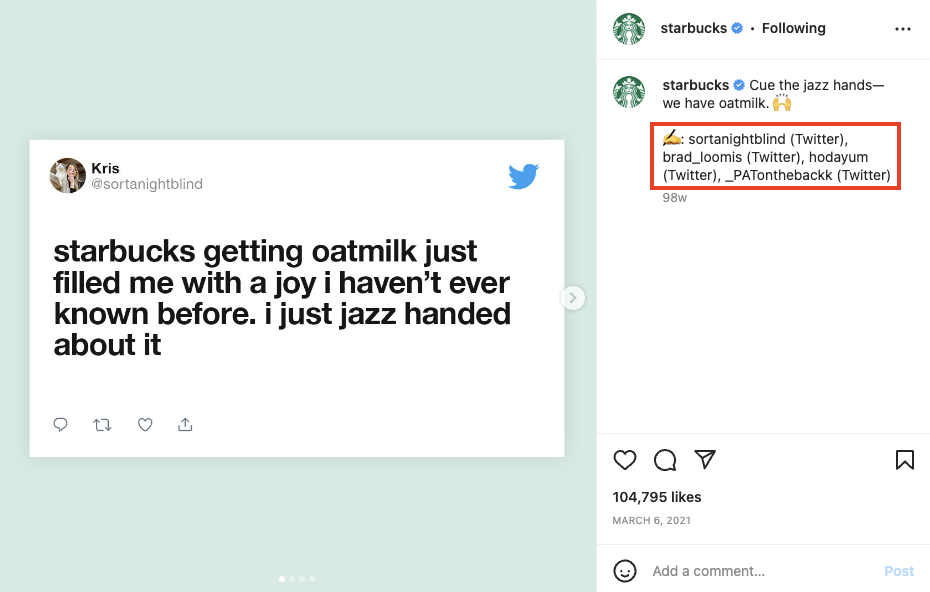 An image showing how Starbucks leverages Twitter customer reviews to boost social proof on Instagram.