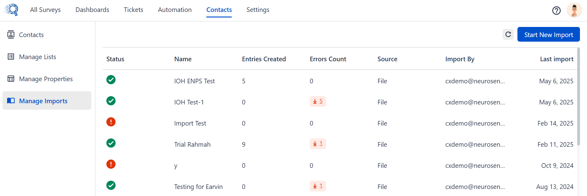 The image shows how to import contact properties in SurveySensum.