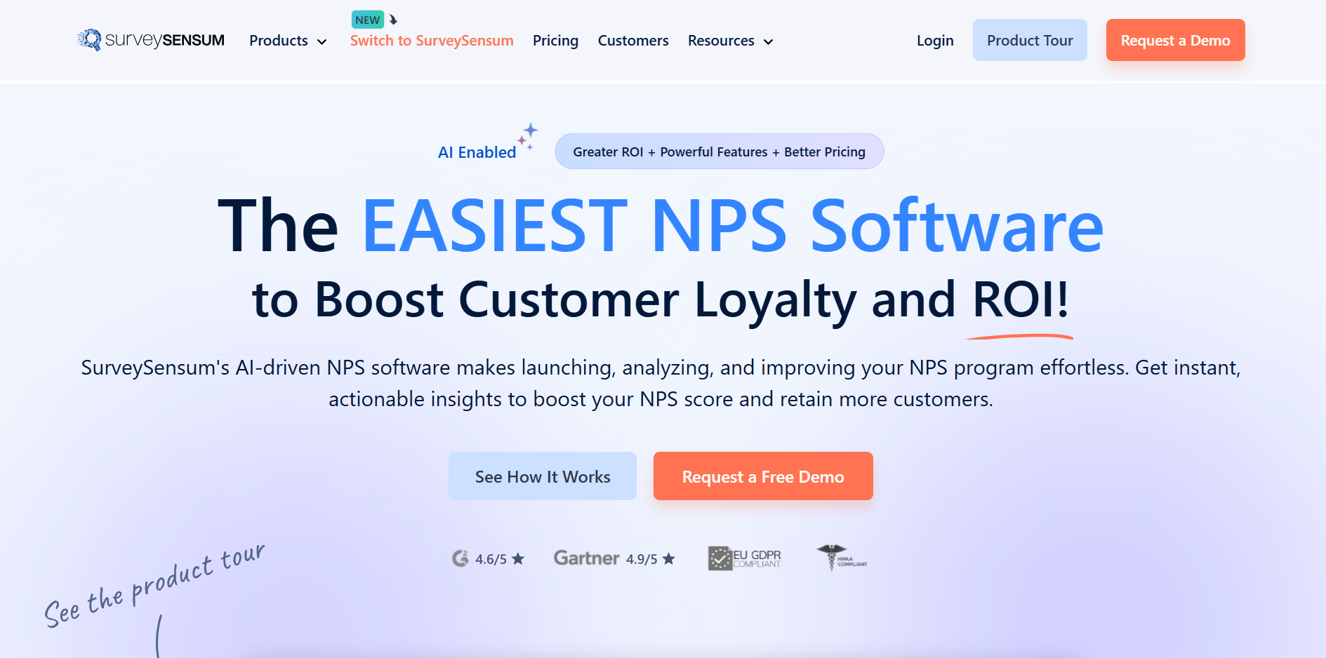 SurveySensum homepage showing AI-powered NPS platform for insurance companies