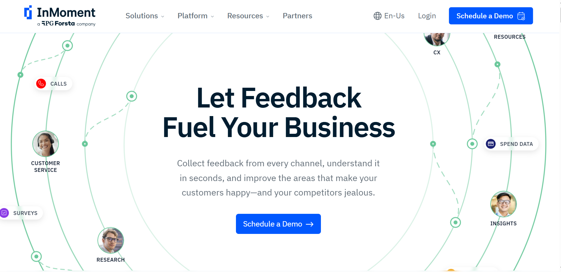 InMoment homepage highlighting customer and employee feedback insights for insurance companies