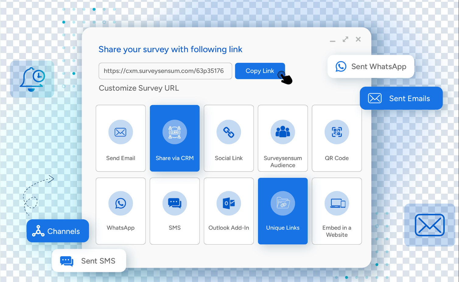 The image shows various channels available to send surveys using SurveySensum.