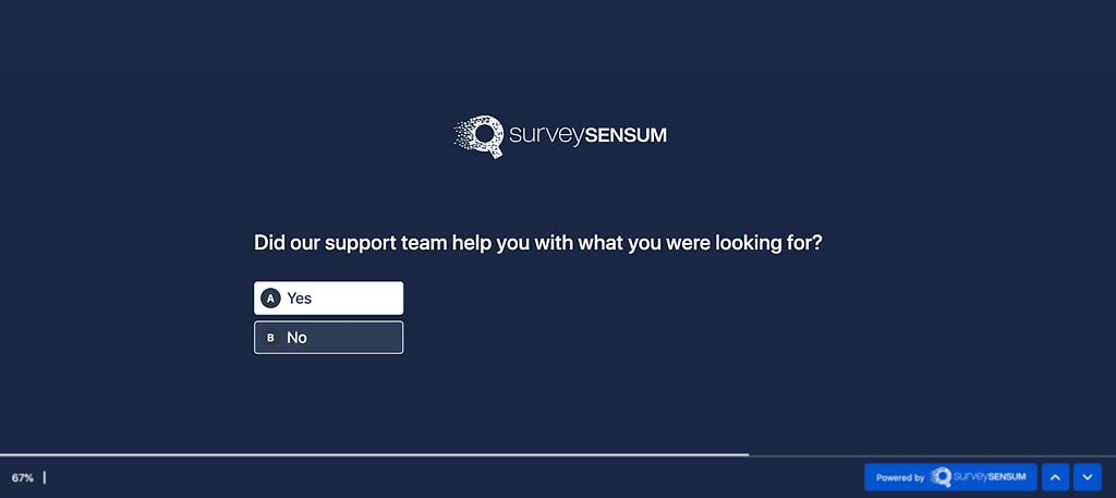 The image shows an example of using Binary Questions for surveying with SurveySensum.