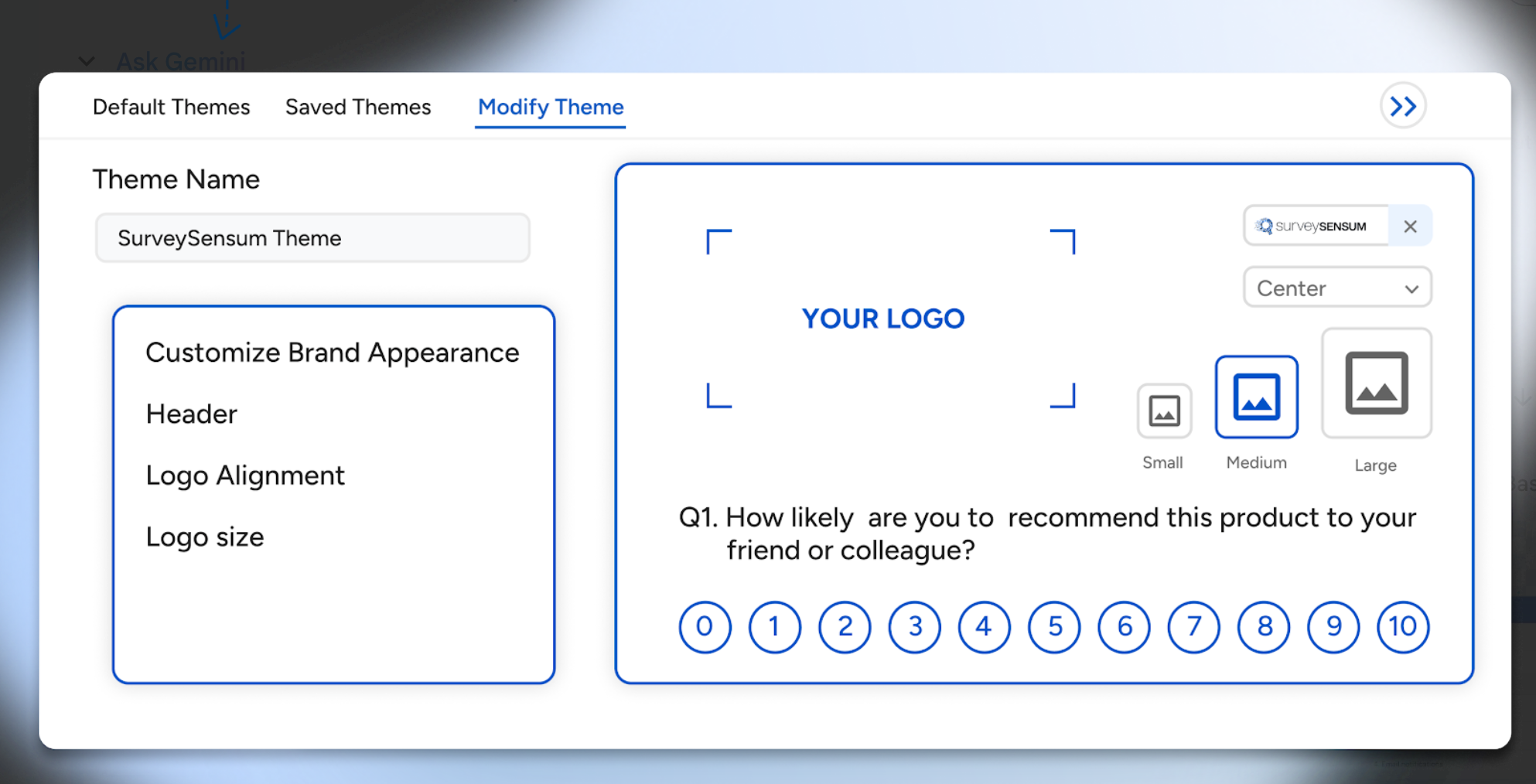 The image shows how to use SurveySensum to customize and brand your customer feedback survey.
