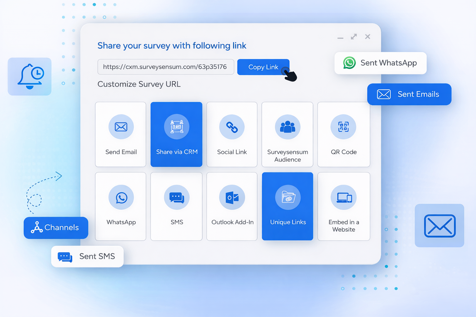 Dashboard of multichannel survey distribution from the listicle of Insurance Onboarding Survey: NPS & CSAT After Policy Purchase by SurveySensum